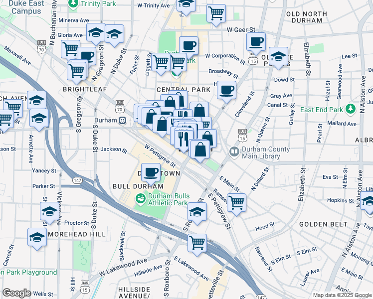 map of restaurants, bars, coffee shops, grocery stores, and more near 114 West Main Street in Durham