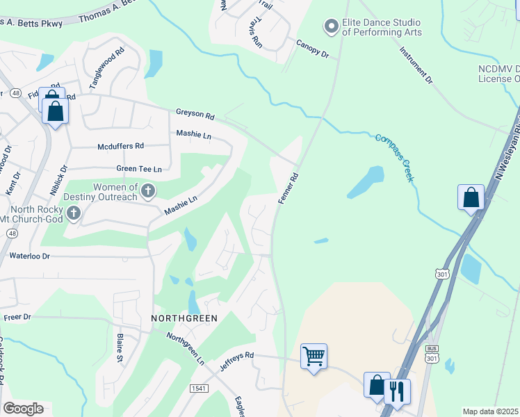 map of restaurants, bars, coffee shops, grocery stores, and more near 220 Browning Lane in Rocky Mount