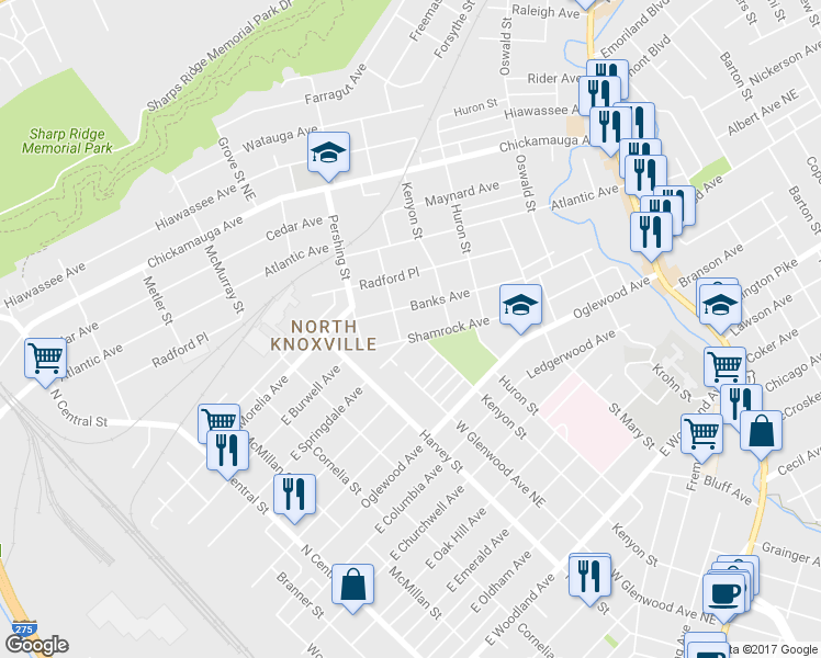map of restaurants, bars, coffee shops, grocery stores, and more near 701 Sanquine Way in Knoxville