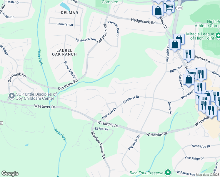 map of restaurants, bars, coffee shops, grocery stores, and more near 5227 Switchback Drive in High Point