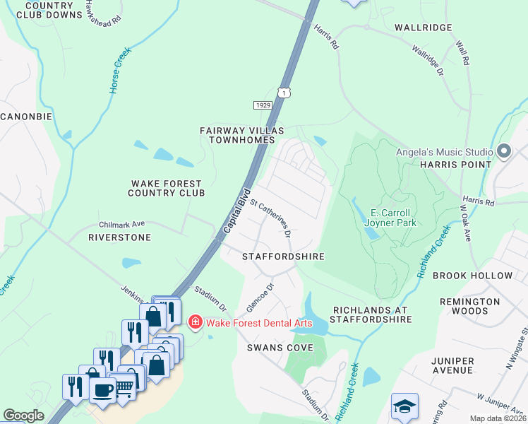 map of restaurants, bars, coffee shops, grocery stores, and more near 968 Saint Catherines Drive in Wake Forest