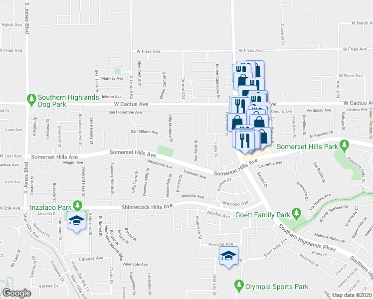 map of restaurants, bars, coffee shops, grocery stores, and more near 10660 Lago Cantini Street in Las Vegas