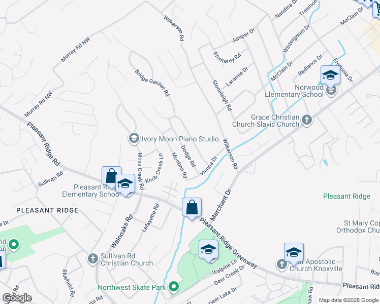 map of restaurants, bars, coffee shops, grocery stores, and more near 5700 Dodge Road in Knoxville