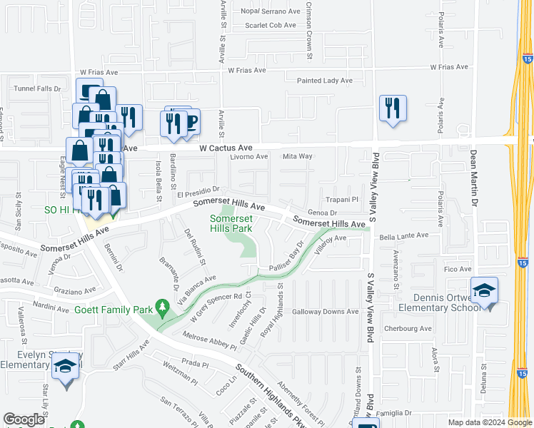 map of restaurants, bars, coffee shops, grocery stores, and more near 4250 Via Dana Avenue in Las Vegas