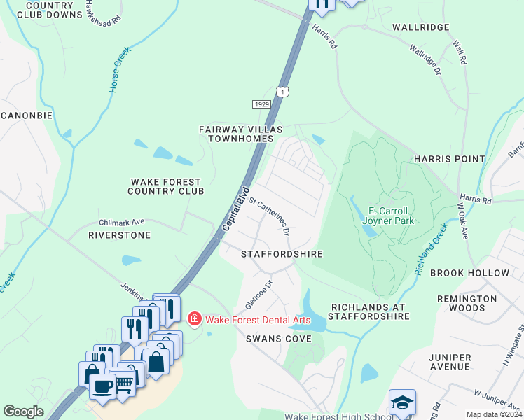 map of restaurants, bars, coffee shops, grocery stores, and more near 983 Saint Catherines Drive in Wake Forest