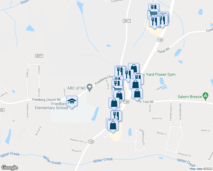 map of restaurants, bars, coffee shops, grocery stores, and more near 504 North Lake Drive in Winston-Salem