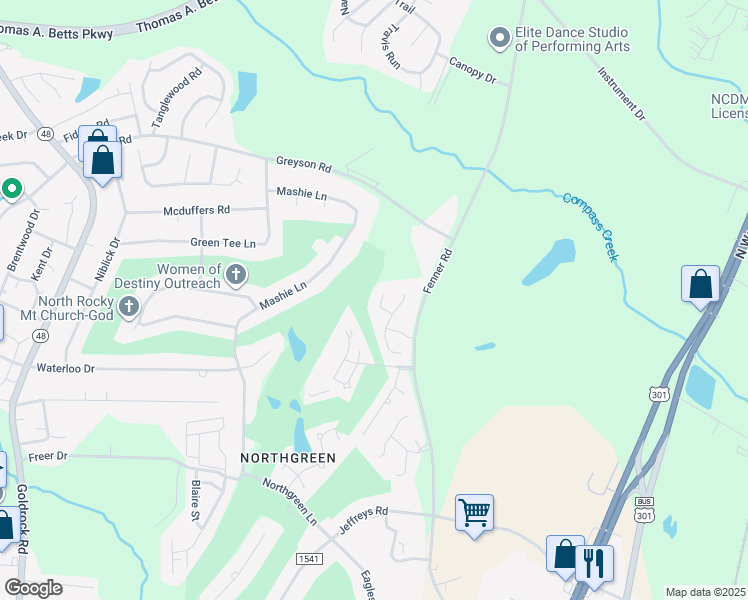 map of restaurants, bars, coffee shops, grocery stores, and more near 124 Chesapeake Court in Rocky Mount