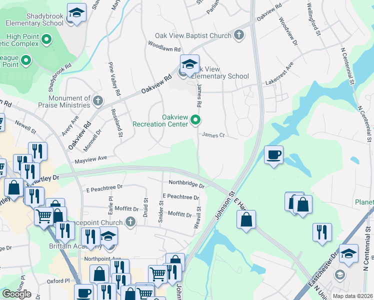 map of restaurants, bars, coffee shops, grocery stores, and more near 133 James Road in High Point
