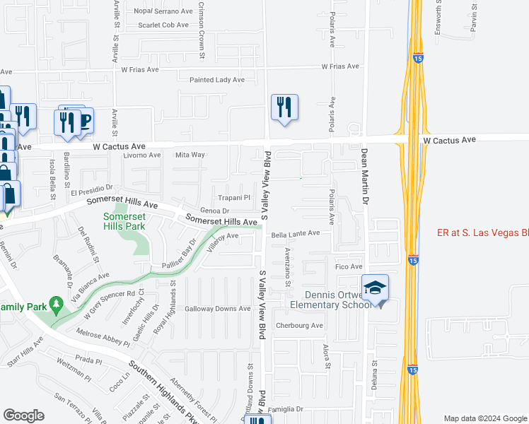 map of restaurants, bars, coffee shops, grocery stores, and more near 10649 South Valley View Boulevard in Las Vegas