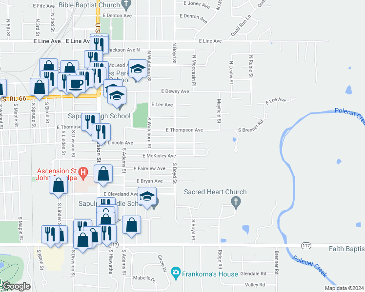 map of restaurants, bars, coffee shops, grocery stores, and more near 1406 East Lincoln Avenue in Sapulpa