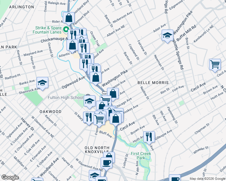 map of restaurants, bars, coffee shops, grocery stores, and more near 1426 Lawson Avenue in Knoxville