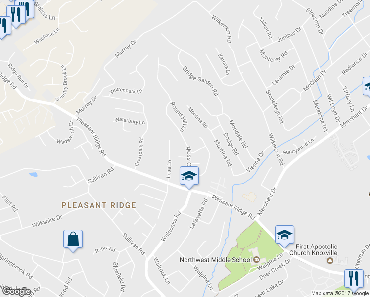 map of restaurants, bars, coffee shops, grocery stores, and more near 2643 Moss Creek Rd in Knoxville