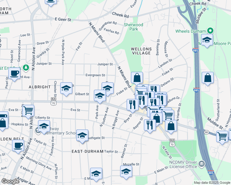 map of restaurants, bars, coffee shops, grocery stores, and more near 911 Fiske Street in Durham