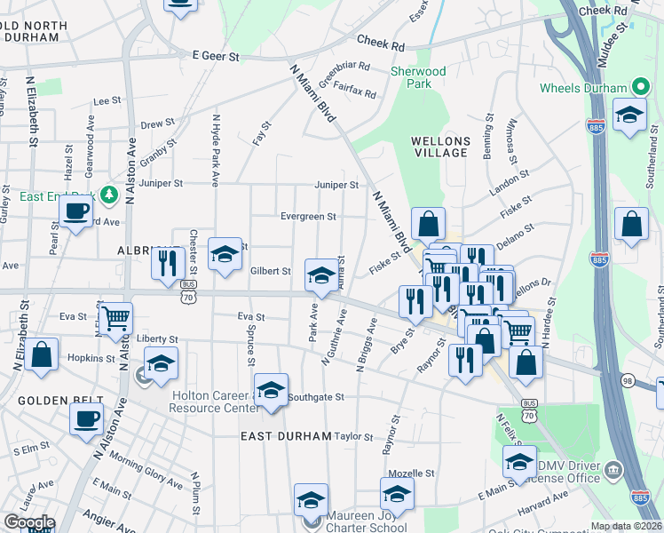 map of restaurants, bars, coffee shops, grocery stores, and more near 1003 Alma Street in Durham