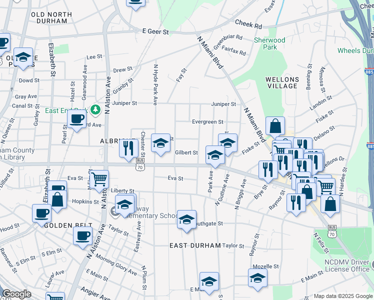 map of restaurants, bars, coffee shops, grocery stores, and more near 1211 Gilbert Street in Durham