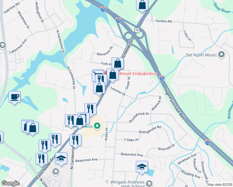 map of restaurants, bars, coffee shops, grocery stores, and more near 100 Lassiter Drive in High Point
