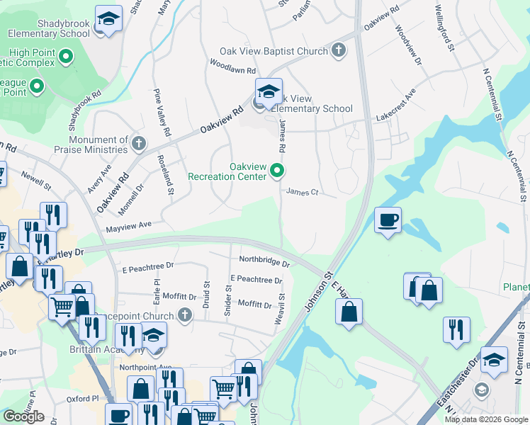 map of restaurants, bars, coffee shops, grocery stores, and more near 133 James Road in High Point