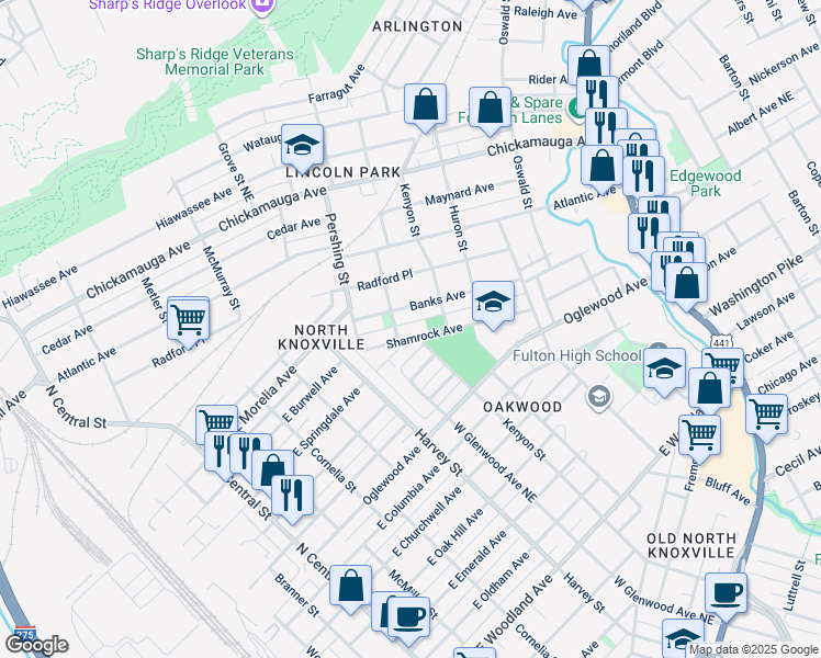 map of restaurants, bars, coffee shops, grocery stores, and more near 701 Sanquine Way in Knoxville