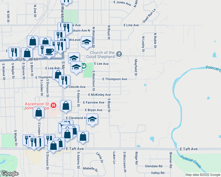 map of restaurants, bars, coffee shops, grocery stores, and more near 1406 East Lincoln Avenue in Sapulpa