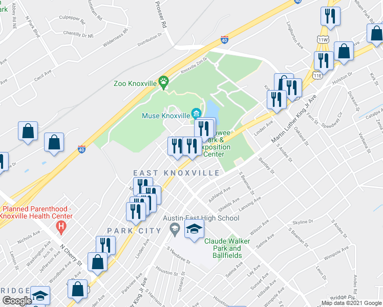 map of restaurants, bars, coffee shops, grocery stores, and more near 3201 East Magnolia Avenue in Knoxville