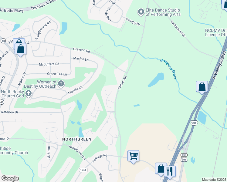 map of restaurants, bars, coffee shops, grocery stores, and more near 241 Browning Lane in Rocky Mount