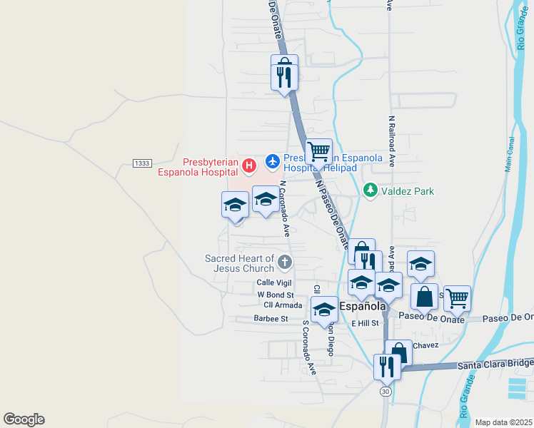 map of restaurants, bars, coffee shops, grocery stores, and more near 908 Calle Sierra Vista in Española