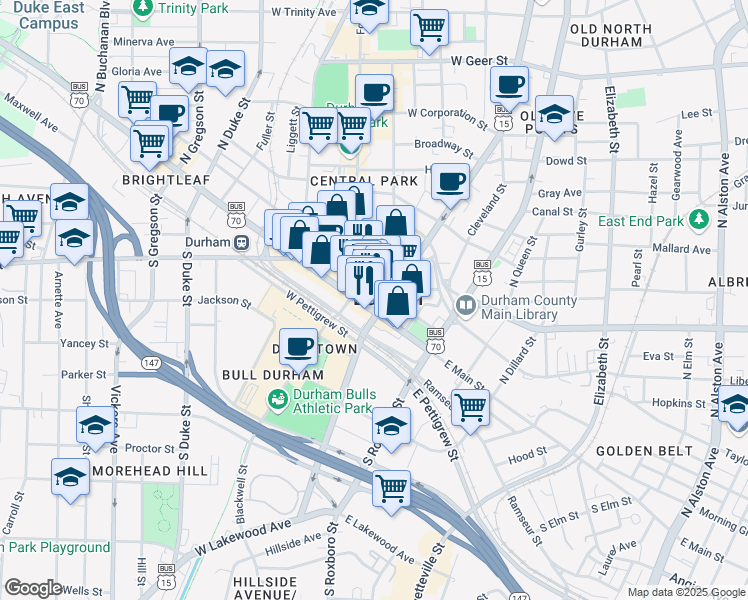 map of restaurants, bars, coffee shops, grocery stores, and more near 126 West Main Street in Durham