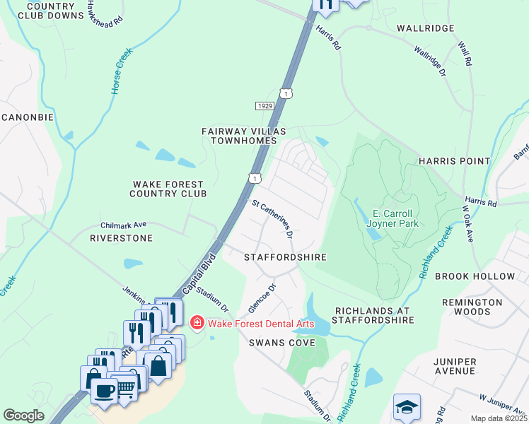 map of restaurants, bars, coffee shops, grocery stores, and more near 983 Saint Catherines Drive in Wake Forest