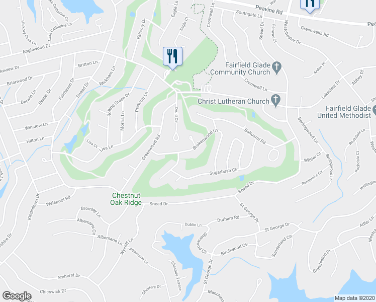 map of restaurants, bars, coffee shops, grocery stores, and more near 127 Brokenwood Lane in Crossville