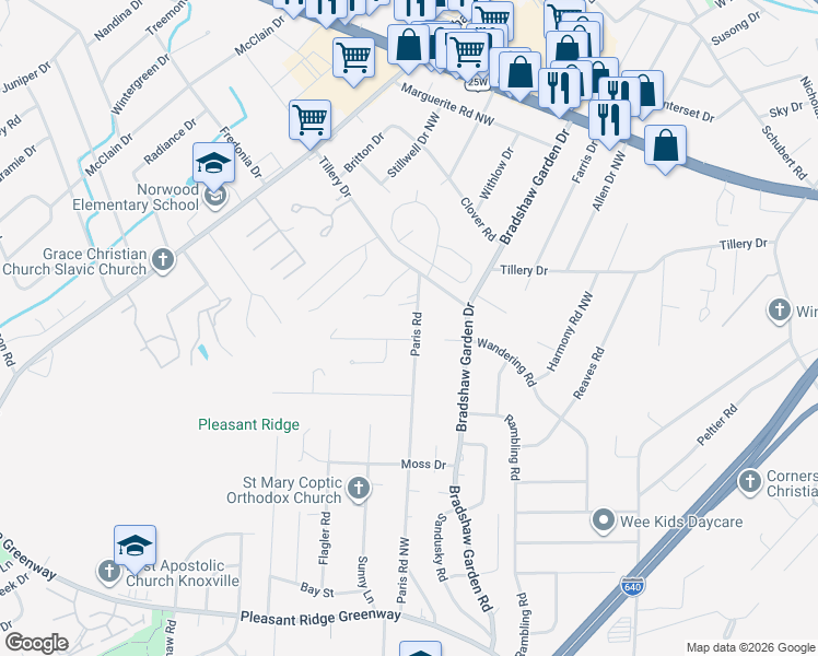 map of restaurants, bars, coffee shops, grocery stores, and more near 1523 Paris Road in Knoxville
