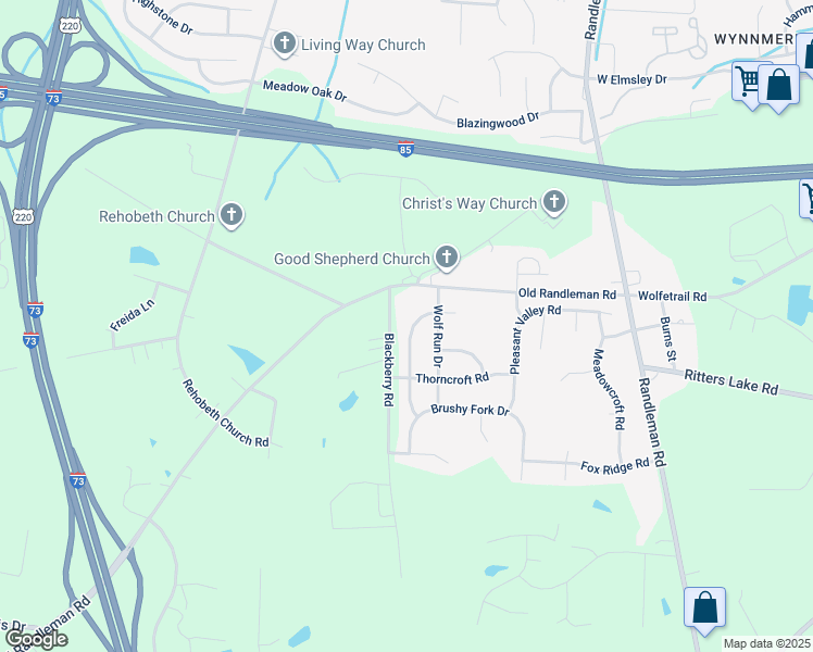 map of restaurants, bars, coffee shops, grocery stores, and more near 4412 Gray Wolf Way in Greensboro