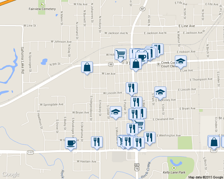 map of restaurants, bars, coffee shops, grocery stores, and more near 205 W Lincoln Ave in Sapulpa