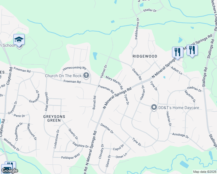 map of restaurants, bars, coffee shops, grocery stores, and more near 3817 Freeman Road in Durham