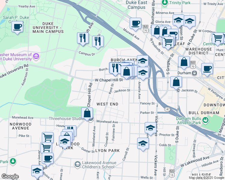 map of restaurants, bars, coffee shops, grocery stores, and more near 715 Kent Street in Durham