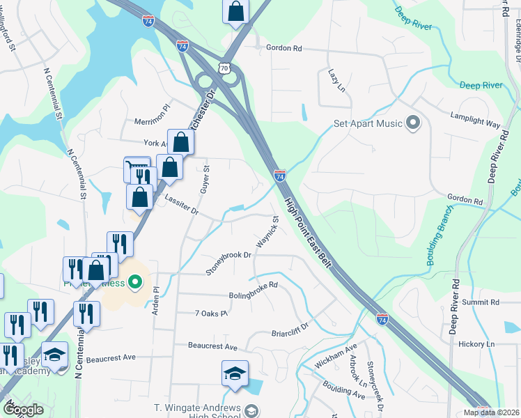 map of restaurants, bars, coffee shops, grocery stores, and more near 411 Lassiter Drive in High Point