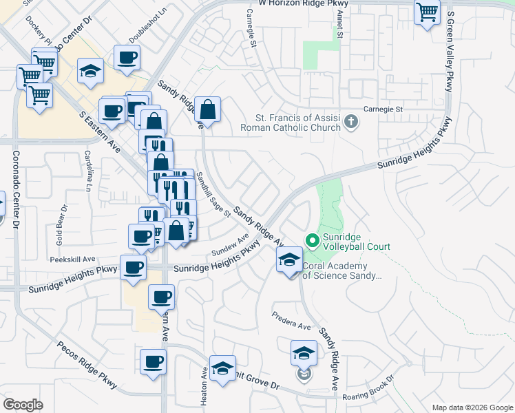 map of restaurants, bars, coffee shops, grocery stores, and more near 2569 Wiltshire Avenue in Henderson