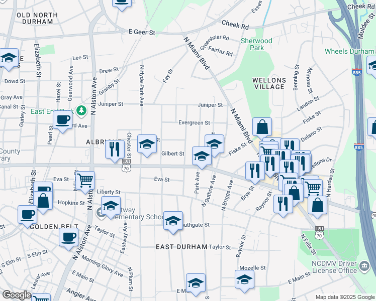 map of restaurants, bars, coffee shops, grocery stores, and more near 1004 North Driver Street in Durham