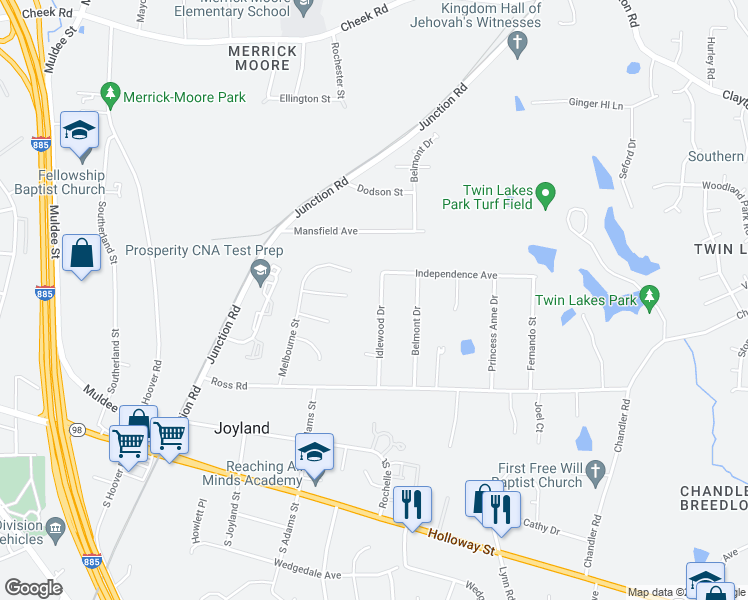 map of restaurants, bars, coffee shops, grocery stores, and more near 423 Idlewood Drive in Durham