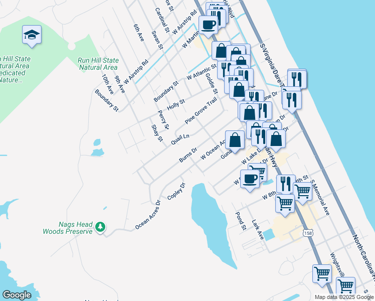 map of restaurants, bars, coffee shops, grocery stores, and more near 320 Burns Drive in Kill Devil Hills