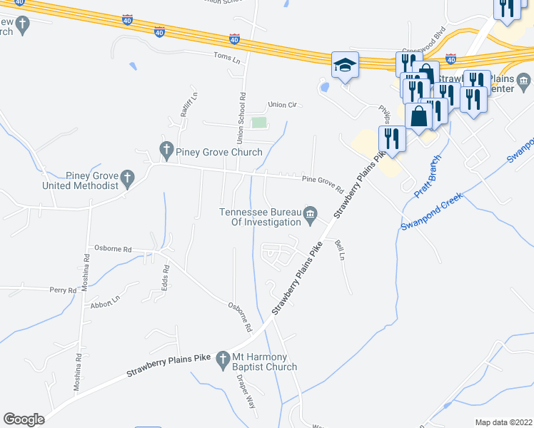 map of restaurants, bars, coffee shops, grocery stores, and more near 1237 Quiet Brook Lane in Knoxville
