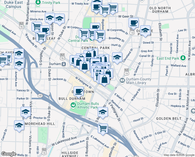 map of restaurants, bars, coffee shops, grocery stores, and more near 126 West Main Street in Durham