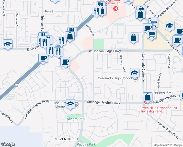 map of restaurants, bars, coffee shops, grocery stores, and more near 950 Seven Hills Drive in Henderson