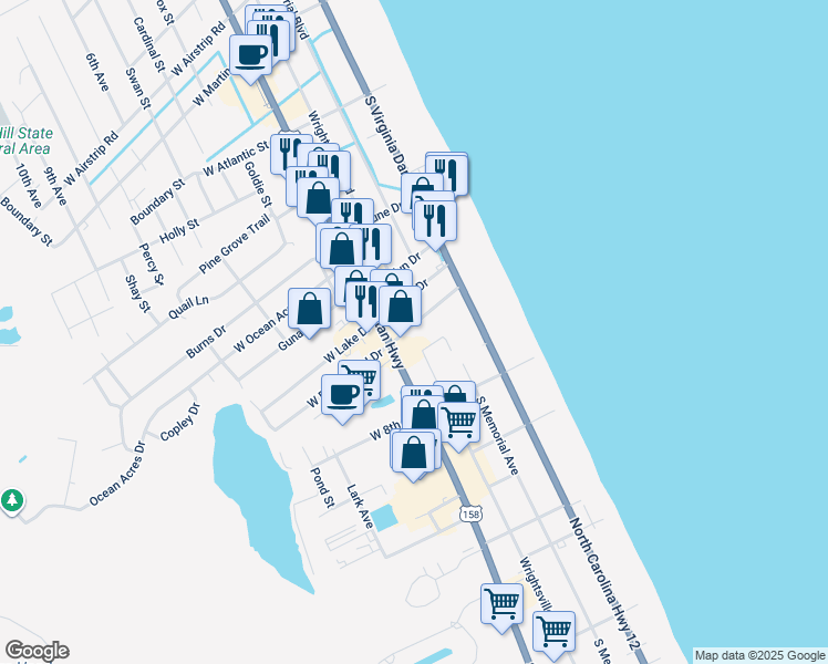 map of restaurants, bars, coffee shops, grocery stores, and more near 109 East Fresh Pond Drive in Kill Devil Hills