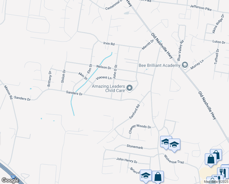 map of restaurants, bars, coffee shops, grocery stores, and more near 175 John D Street in La Vergne