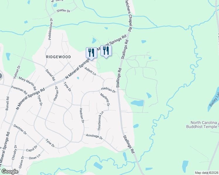 map of restaurants, bars, coffee shops, grocery stores, and more near 1 Elderberry Court in Durham