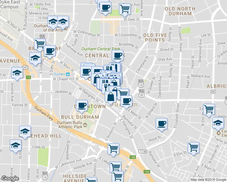 map of restaurants, bars, coffee shops, grocery stores, and more near 101 East Parrish Street in Durham