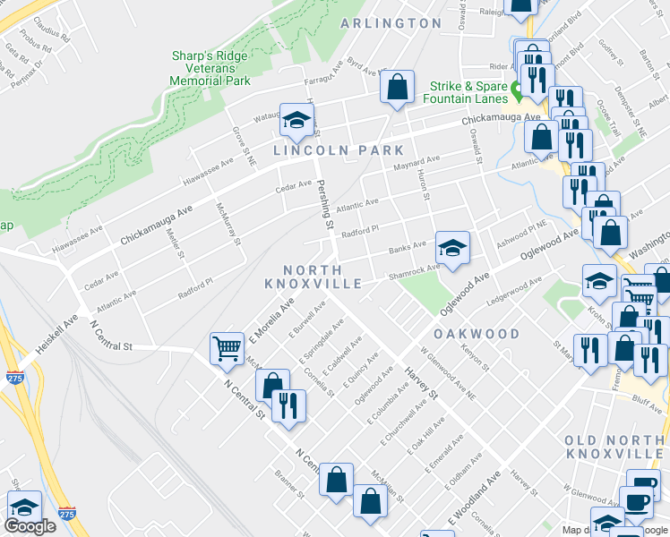 map of restaurants, bars, coffee shops, grocery stores, and more near 2521 Pershing Street in Knoxville