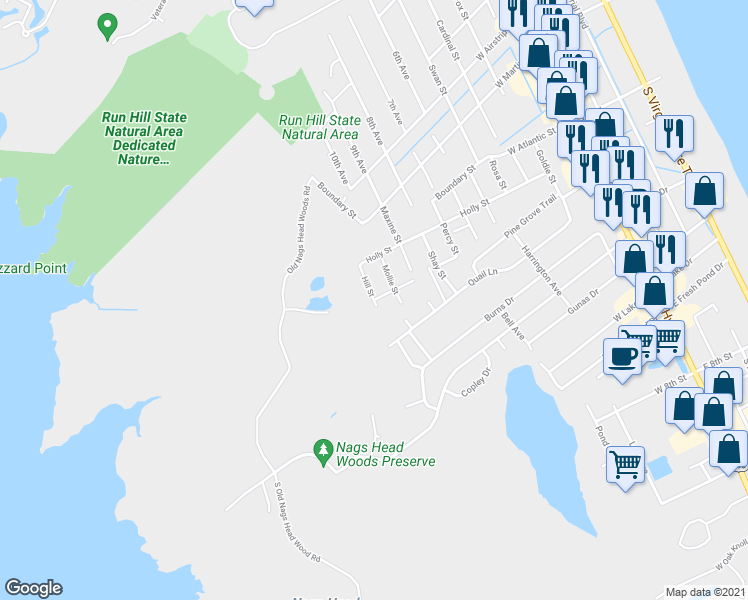 map of restaurants, bars, coffee shops, grocery stores, and more near 1112 Dean Street in Kill Devil Hills