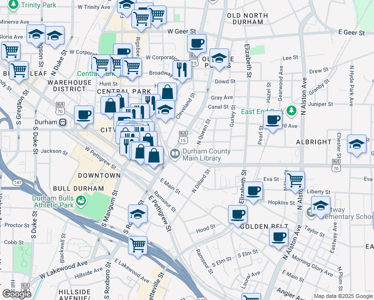 map of restaurants, bars, coffee shops, grocery stores, and more near 309 North Queen Street in Durham