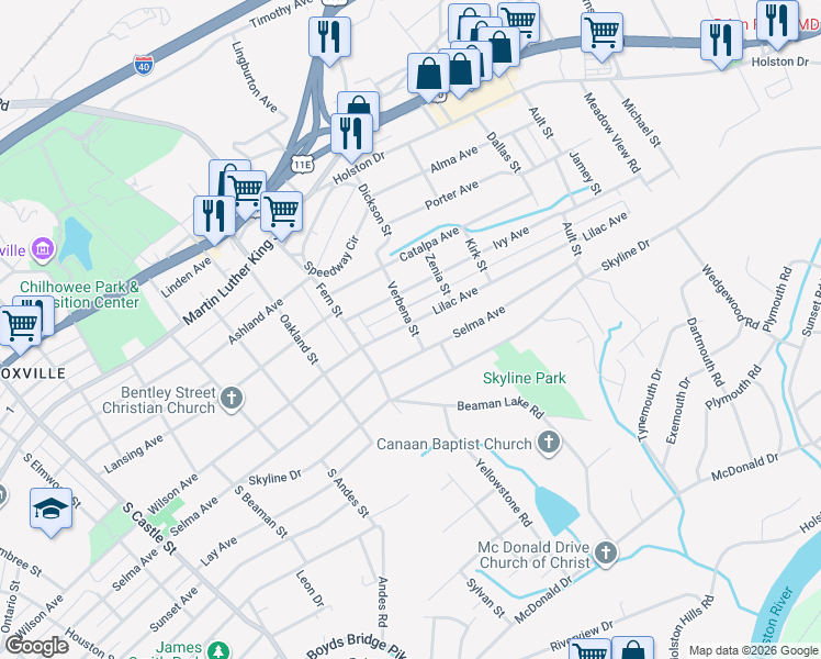 map of restaurants, bars, coffee shops, grocery stores, and more near 3746 Lilac Avenue in Knoxville